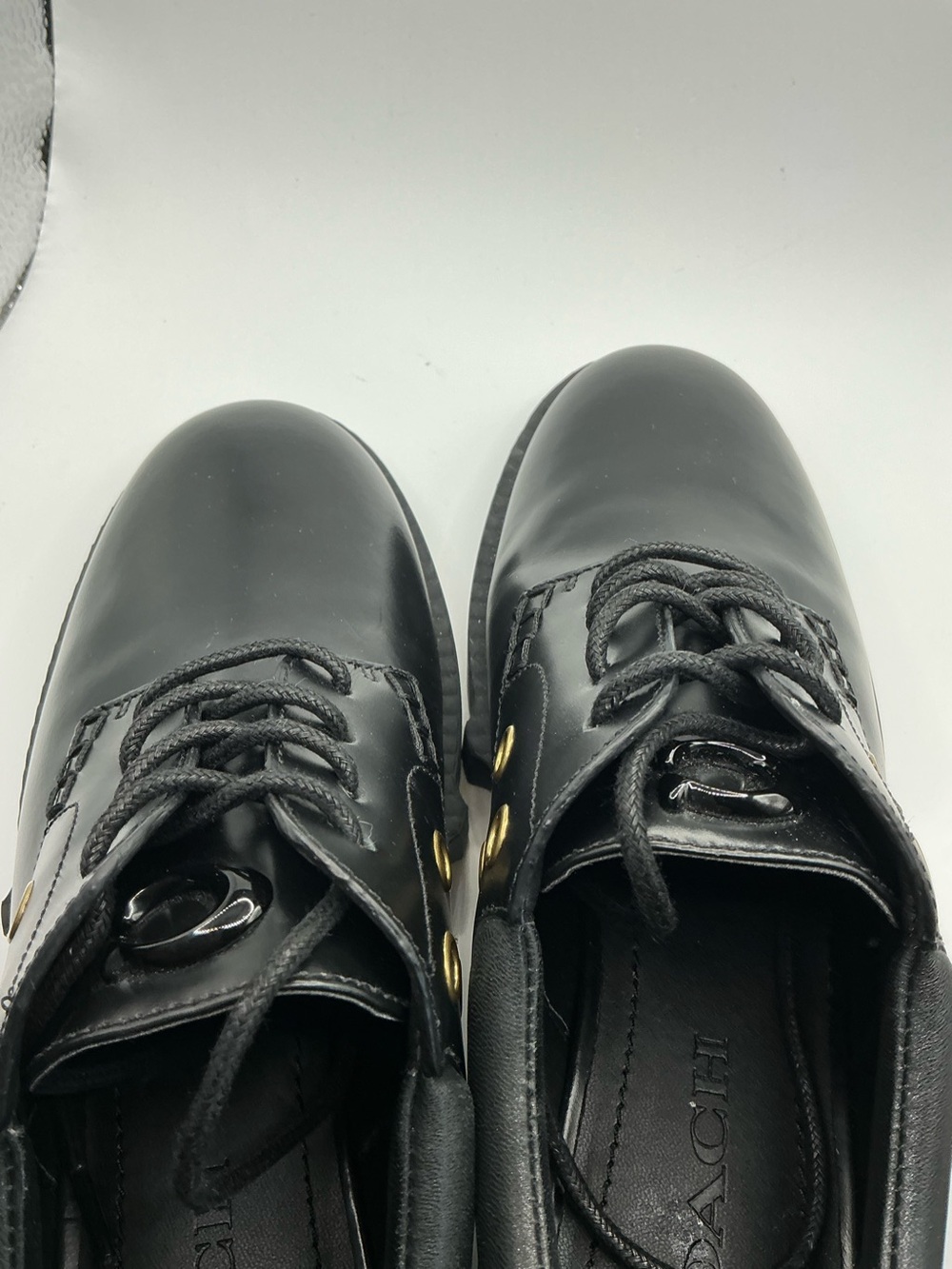 Coach Black Leather Lug Sole Loafers with Gold Eyelet Detail - Picture 3 of 9